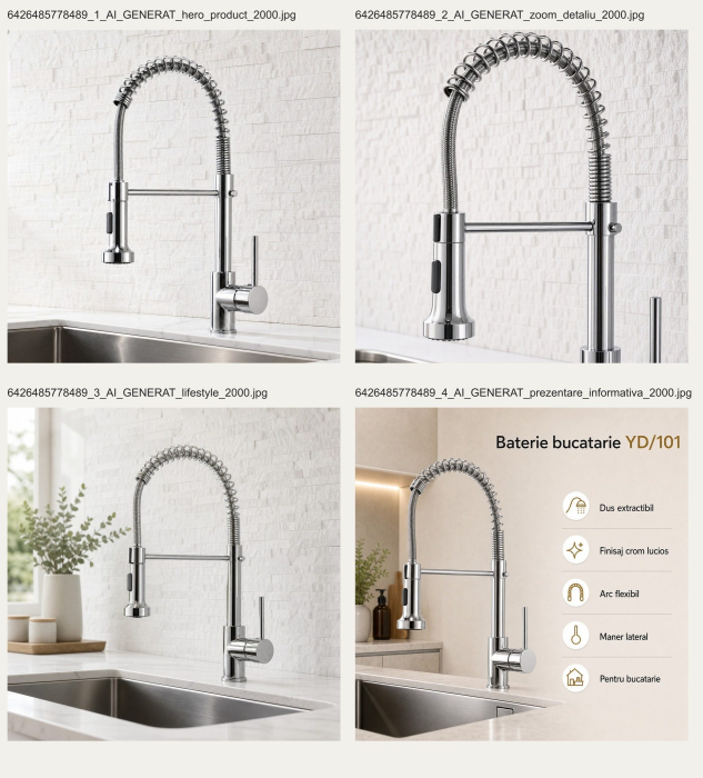 Baterie Bucatarie cu Dus Extractibil, Inox si Alama Crom, YD/101 [17]