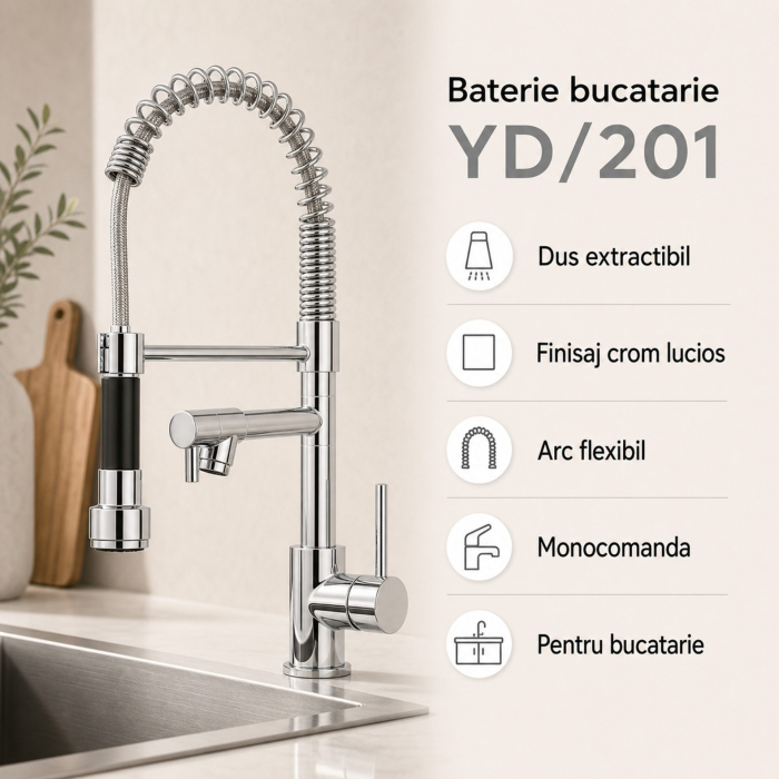 Baterie Bucatarie cu Dus Extractibil, Inox si Alama Crom, YD/201 [8]