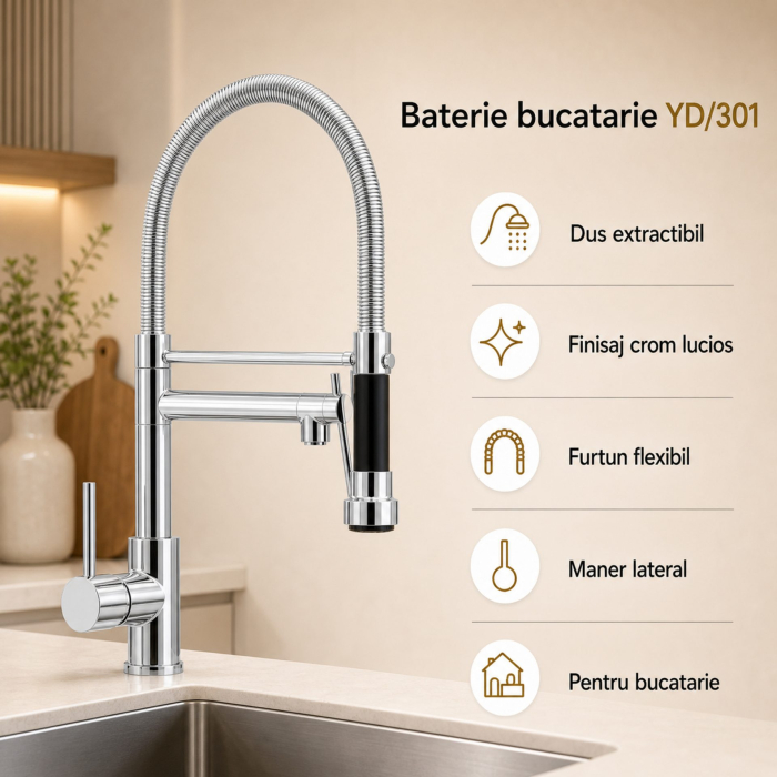 Baterie Bucatarie cu Dus Extractibil, Inox si Alama Crom, YD/301 [4]