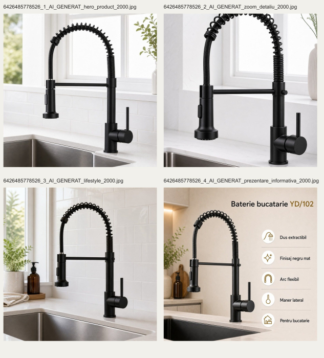 Baterie Bucatarie cu Dus Extractibil, Inox si Alama Negru, YD/102 [13]