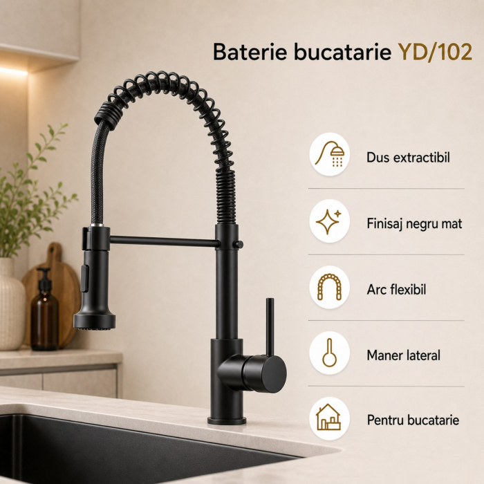 Baterie Bucatarie cu Dus Extractibil, Inox si Alama Negru, YD/102 [12]