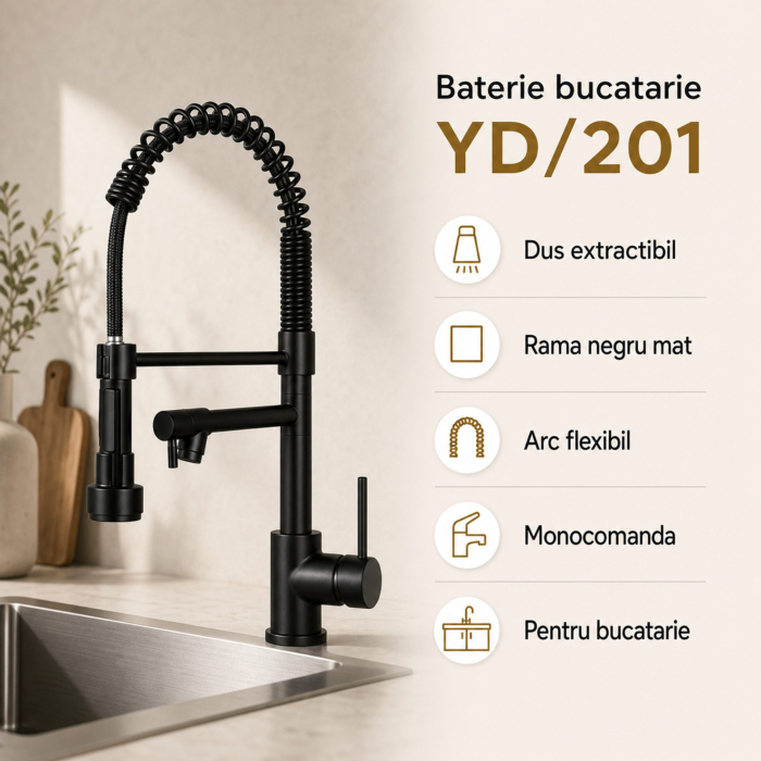 Baterie Bucatarie cu Dus Extractibil, Inox si Alama Negru, YD/201 [10]