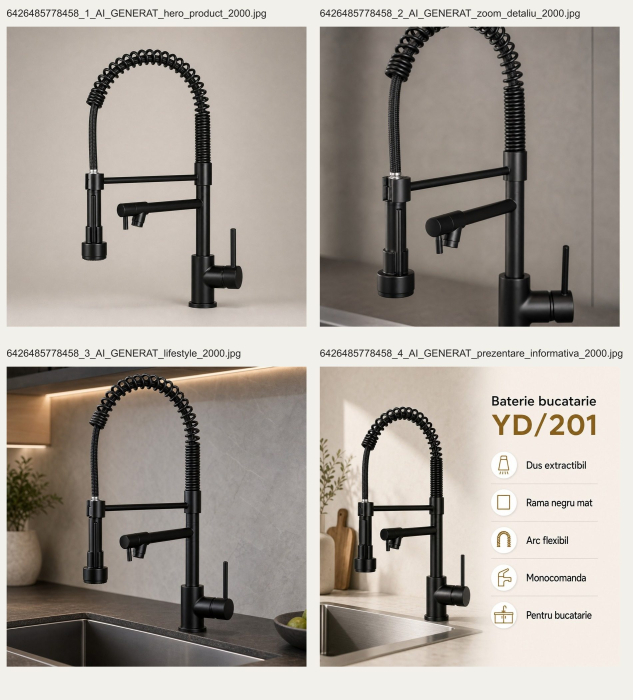 Baterie Bucatarie cu Dus Extractibil, Inox si Alama Negru, YD/201 [11]
