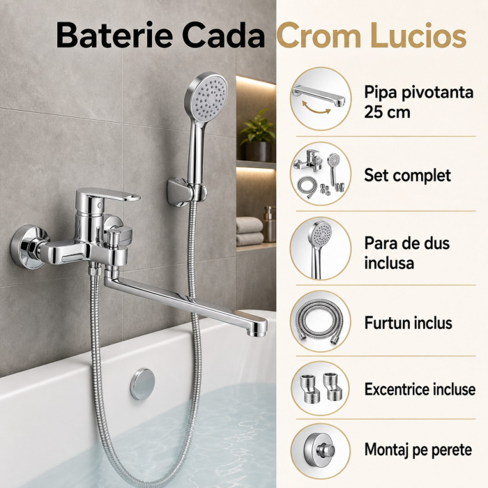 Baterie Cada Crom Lucios - Set Complet cu Pipa Pivotanta de 25cm, Para, Furtun si Excentrice Incluse [7]