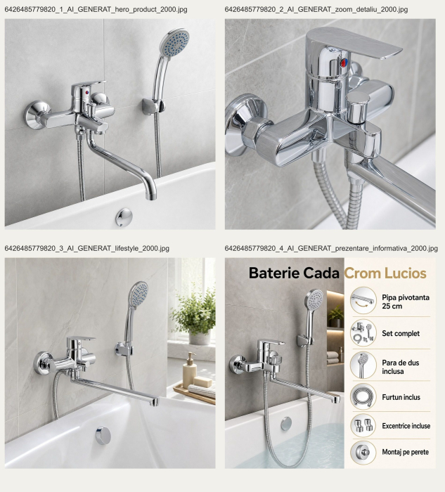 Baterie Cada Crom Lucios - Set Complet cu Pipa Pivotanta de 25cm, Para, Furtun si Excentrice Incluse [8]