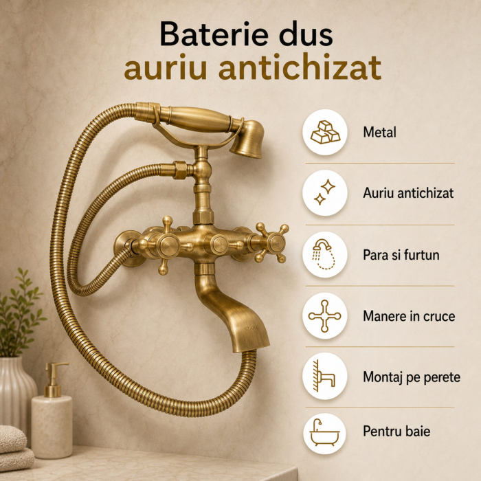 Baterie Dus cu Para si Furtun, Metal, Auriu Antichizat, OD/2043 [8]