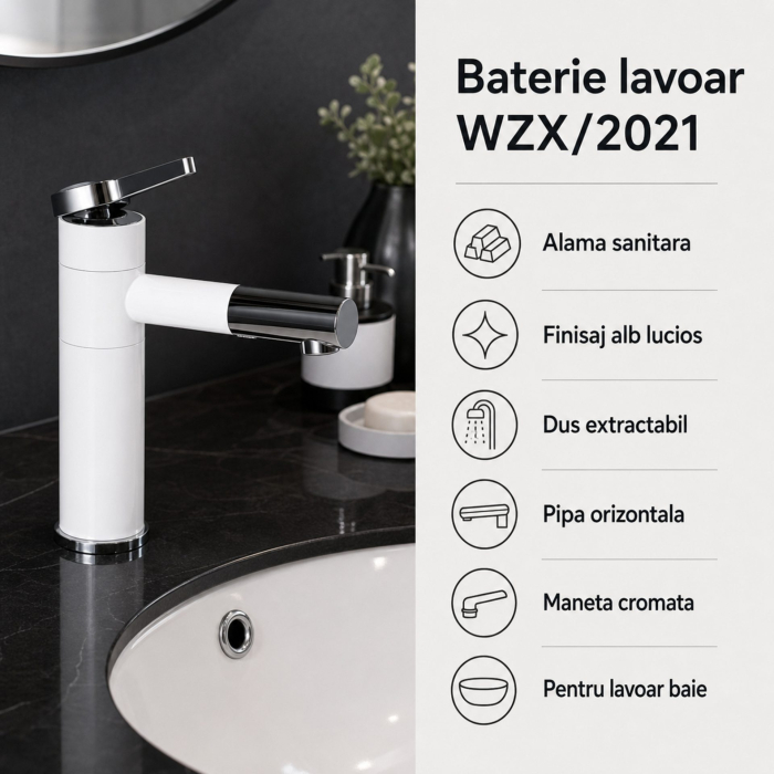 Baterie Lavoar cu Dus Extractabil, Alama Sanitara, Alb, WZX/2021 [4]