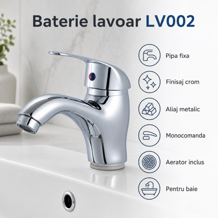 Baterie Lavoar cu Pipa Fixa, Aliaj, Crom, LV002 [10]