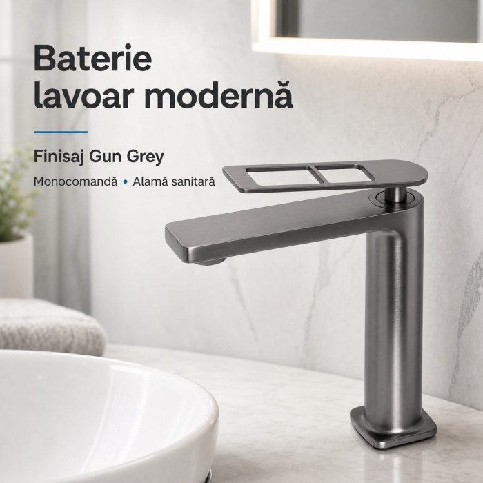 Baterie Lavoar Monocomanda Cartus Ceramic Alama Sanitara Gri Satin Racorduri si Kit Fixare Incluse 9707N [2]