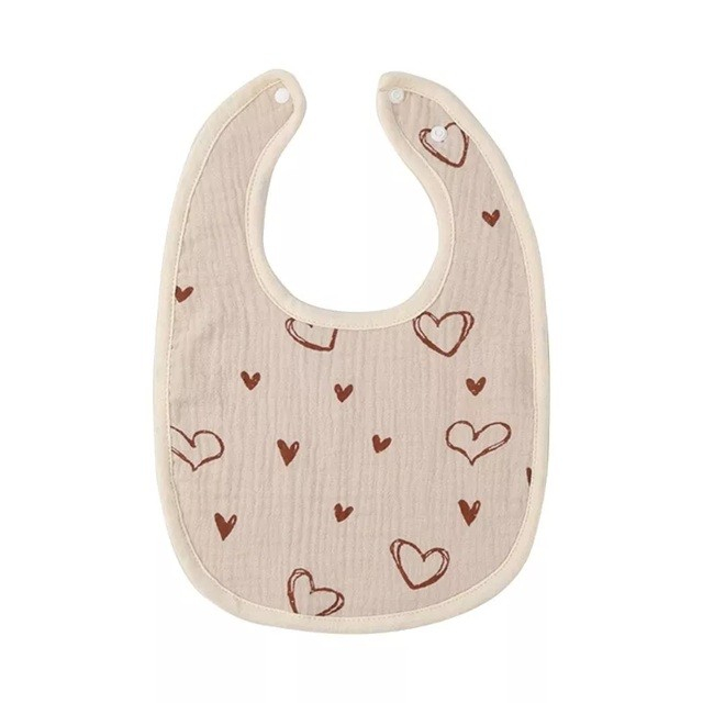 Baveta in Forma de U, Flippy, din Bumbac, pentru Copii 0-12 Luni, Rezistenta la Apa, cu Capse, Model cu Inimoare,  21x30 cm, Bej [1]