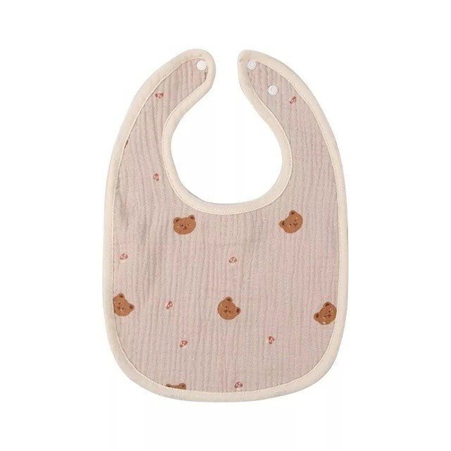 Baveta in Forma de U, Flippy, din Bumbac, pentru Copii 0-12 Luni, Rezistenta la Apa, cu Capse, Model cu Ursuleti,  21x30 cm, Bej [1]