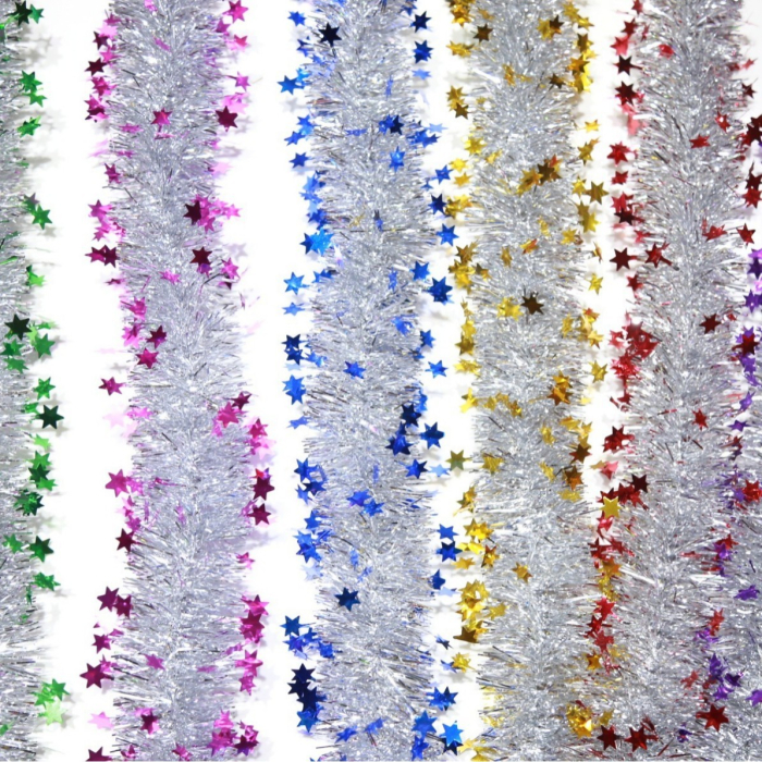 Beteala de Craciun cu LED, Flippy, 2 m, 5 cm Grosime, din PVC, Model cu Stelute, Artificiala, Albastru/Argintiu [2]