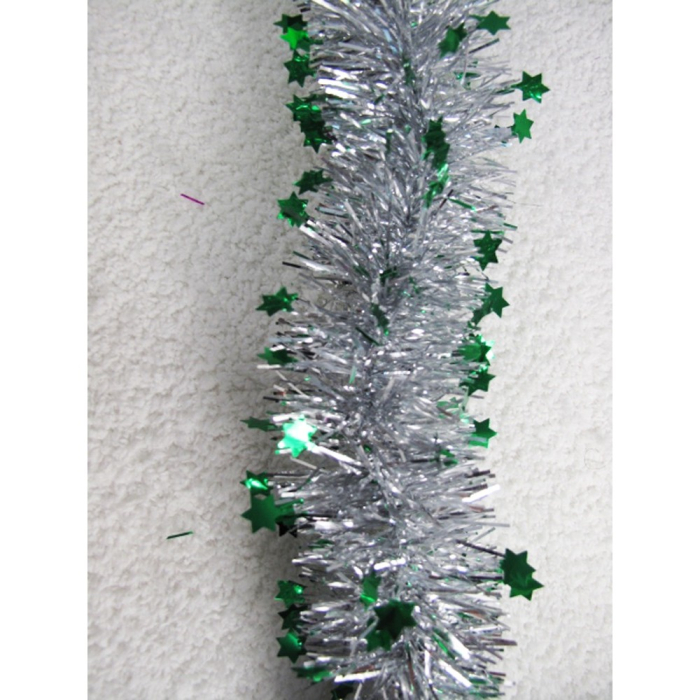 Beteala de Craciun cu LED, Flippy, 2 m, 5 cm Grosime, din PVC, Model cu Stelute, Artificiala, Verde/Argintiu [1]