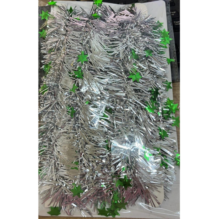 Beteala de Craciun cu LED, Flippy, 2 m, 5 cm Grosime, din PVC, Model cu Stelute, Artificiala, Verde/Argintiu [3]