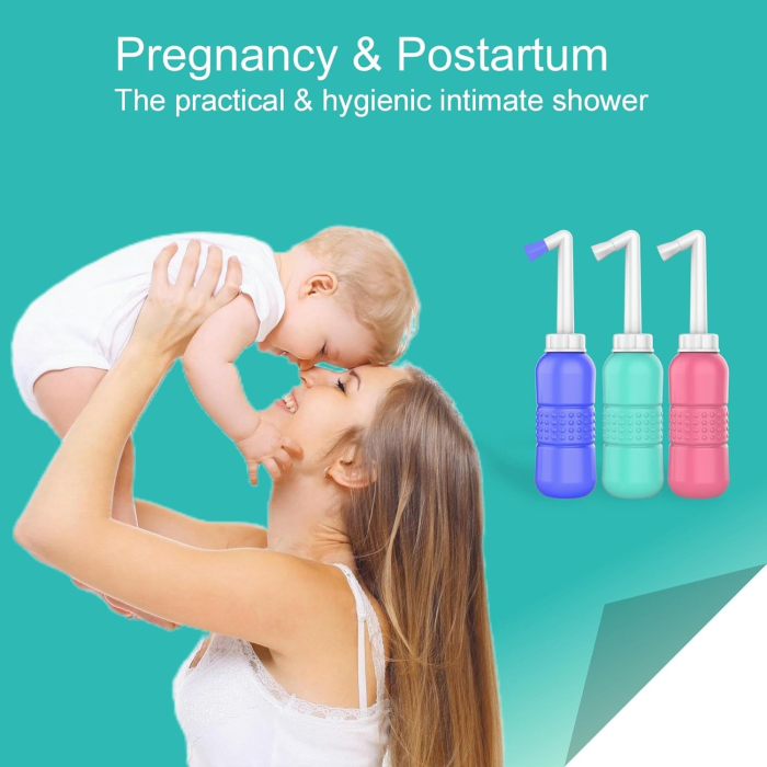 Bideu Portabil pentru Igiena Intima , pentru Postpartum/ Postoperator, 450 mL, cu Capac si Husa Galbena, 29.5x7 cm, Culoare Recipient Mov [9]