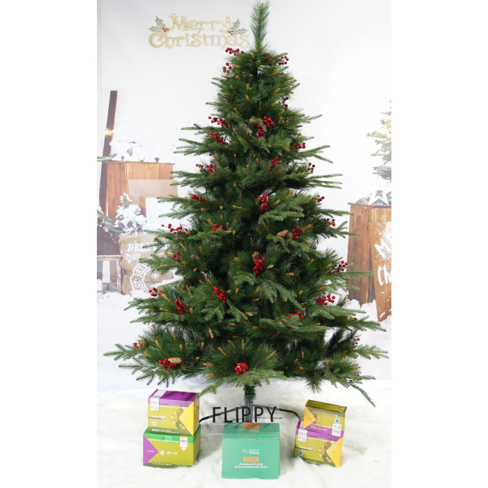 Brad Artificial de Craciun Bogat, Decorat cu Conuri Pin Rosii, pentru Interior/Exterior, Inaltime 120 cm, Flippy, Verde, suport metalic inclus [1]