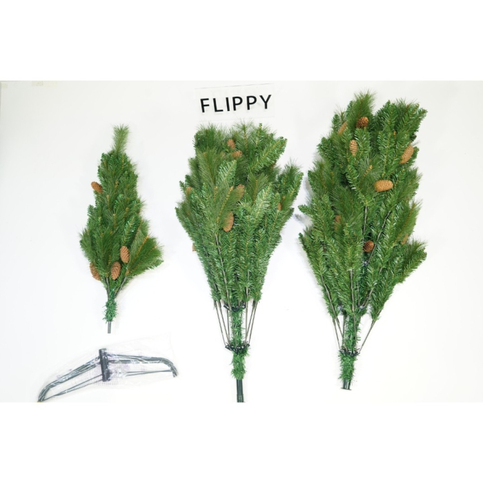 Brad artificial de Craciun, Decorat cu conuri de pin, pentru interior/exterior, inaltime 210 cm, diametru 114 cm, 1057 ramuri, Flippy, verde, suport metalic inclus [2]