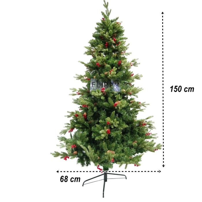 Brad artificial de Craciun, decorat cu conuri pin rosii, inaltime 150 cm, diametru 68 cm, 506 ramuri, Flippy, verde, suport metalic inclus [6]