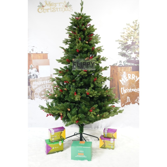 Brad artificial de Craciun, decorat cu conuri pin rosii, inaltime 210 cm, diametru 137 cm, 1172 ramuri, Flippy, verde, suport metalic inclus [3]