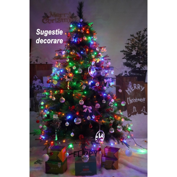 Brad artificial de Craciun, decorat cu conuri pin rosii, pentru interior/exterior, inaltime 150 cm, diametru 104 cm, 323 ramuri, Flippy, verde, suport metalic inclus [5]