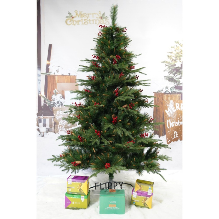 Brad artificial de Craciun, decorat cu conuri pin rosii, pentru interior/exterior, inaltime 210 cm, diametru 142 cm, 767 ramuri, Flippy, verde, suport metalic inclus [5]