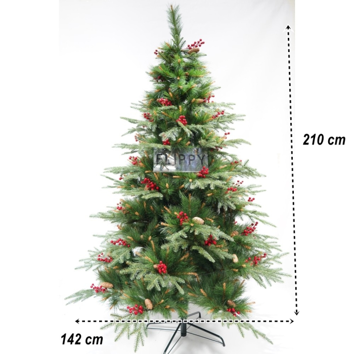 Brad artificial de Craciun, decorat cu conuri pin rosii, pentru interior/exterior, inaltime 210 cm, diametru 142 cm, 767 ramuri, Flippy, verde, suport metalic inclus [4]