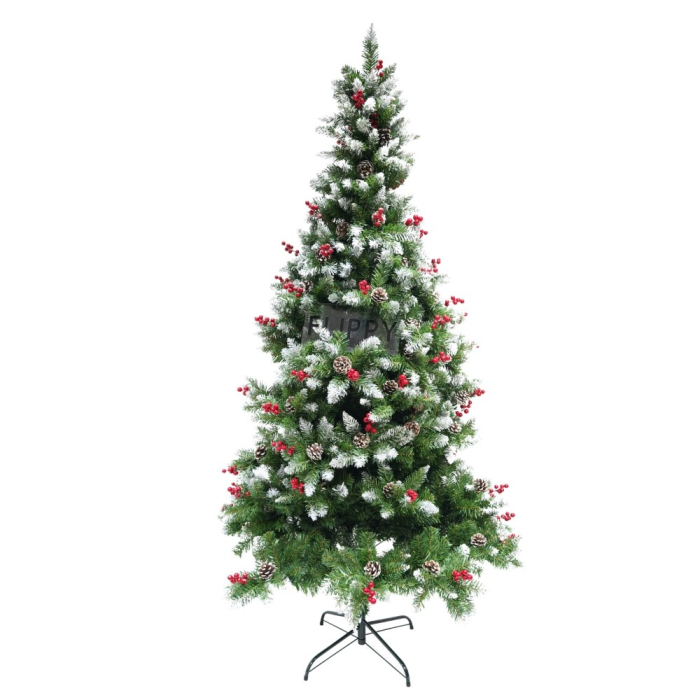 Brad artificial de Craciun nins, decorat cu conuri pin rosii, inaltime 180 cm, diametru 95 cm, 319 ramuri, Flippy, verde, suport metalic inclus [1]