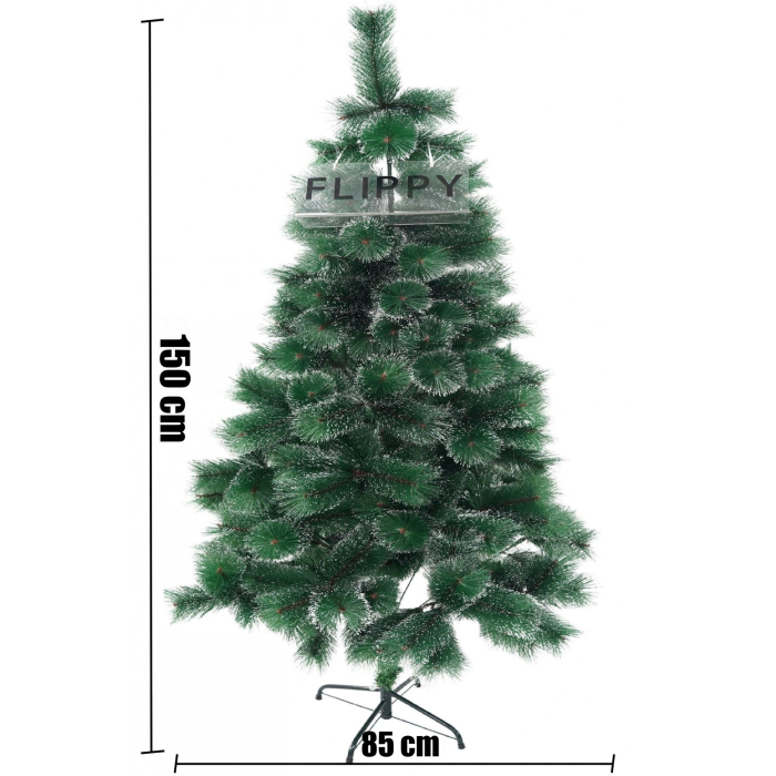 Brad artificial de Craciun tip pin inzapezit, inaltime 150 cm, diametru 85 cm, 160 ramuri cu ace 3D 12 cm, Flippy, verde cu varfuri ninse, suport metalic inclus [6]