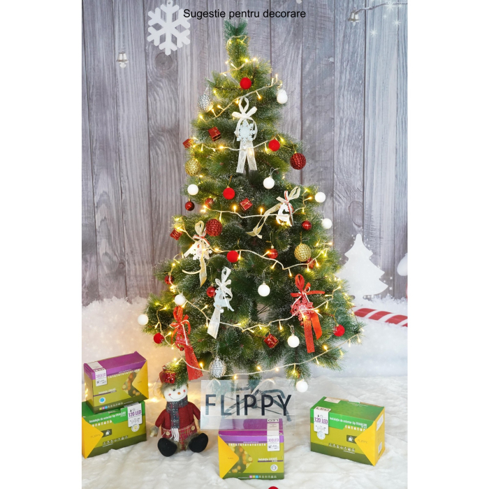 Brad artificial de Craciun tip pin inzapezit, inaltime 150 cm, diametru 85 cm, 160 ramuri cu ace 3D 12 cm, Flippy, verde cu varfuri ninse, suport metalic inclus [4]
