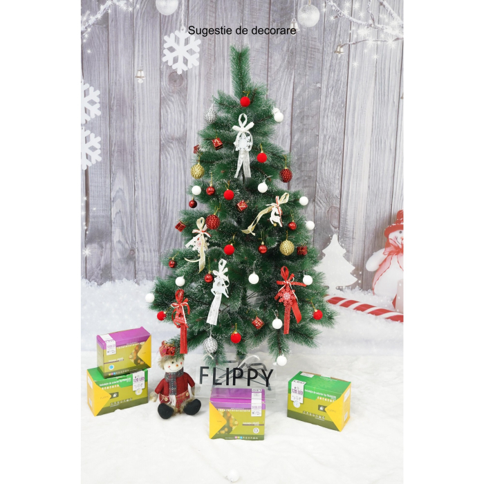 Brad artificial de Craciun tip pin inzapezit, inaltime 150 cm, diametru 85 cm, 160 ramuri cu ace 3D 12 cm, Flippy, verde cu varfuri ninse, suport metalic inclus [3]