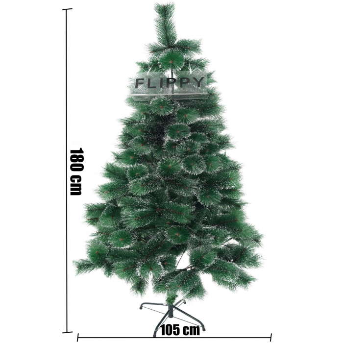 Brad artificial de Craciun tip pin inzapezit, inaltime 180 cm, diametru 105 cm, 260 ramuri cu ace 3D 12 cm, Flippy, verde cu varfuri ninse, suport metalic inclus [4]