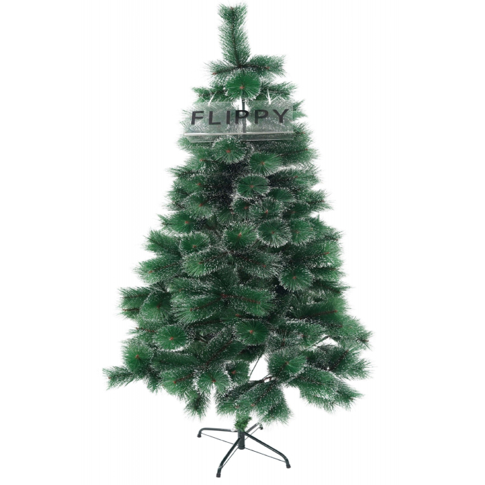 Brad artificial de Craciun tip pin inzapezit, inaltime 210 cm, diametru 115 cm, 350 ramuri cu ace 3D 12 cm, Flippy, verde cu varfuri ninse, suport metalic inclus [1]