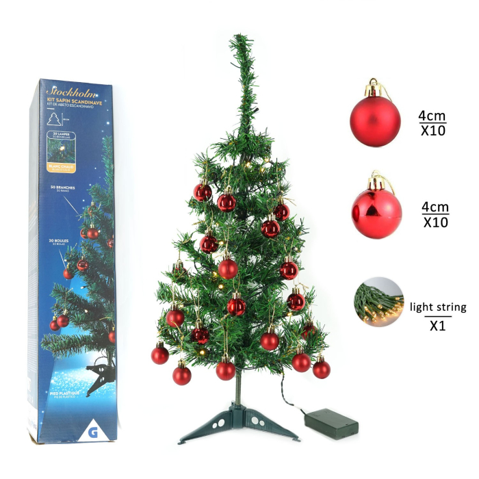 Brad Artificial Impodobit, 60 cm, suport plastic cu instalatie luminoasa 20 LED alb cald + 20 globuri rosii incluse, Flippy [3]
