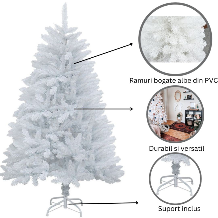 Brad de Craciun artificial cu suport inclus Flippy, 210 cm, 800 ramuri/varfuri, material plastic, suport clasic, fara iluminare, utilizat pentru interior/exterior, alb [7]