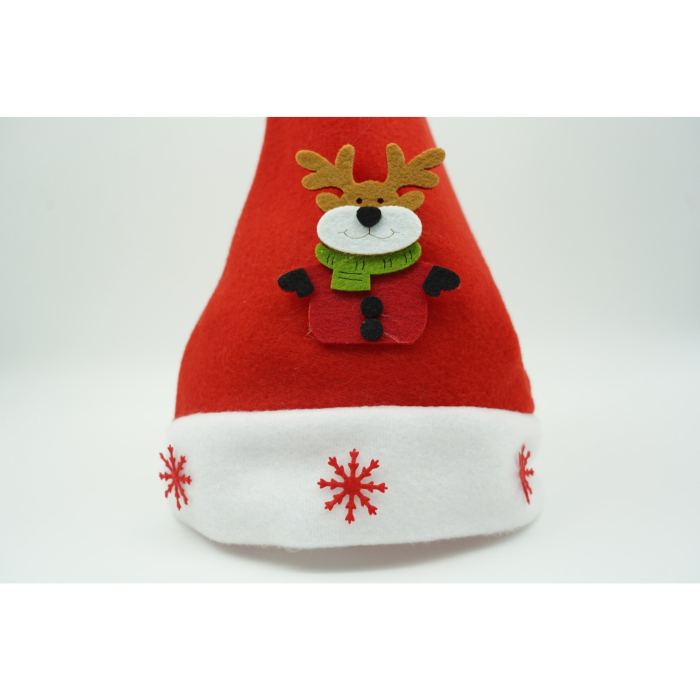 Caciulita de Mos Craciun, Flippy,cu model de Ren si ornament fulg de nea, rosie, marime universala, material textil [4]