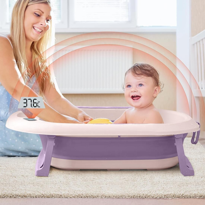 Cada de Baie , pentru Copii 0 luni - 6 Ani, cu Termometru, Pliabila, Perna Suport Inclusa, din Plastic, 81.5 x 49 x 21.5 cm, Mov [2]