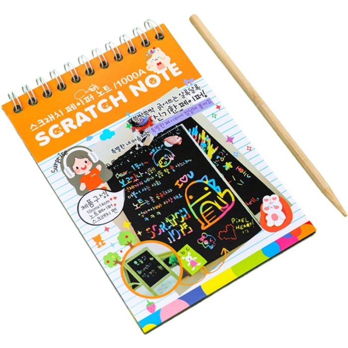 Caiet cu fise razuibile Flippy, DIY Magic Scratch, 12 File, Curcubeu, Creion din Lemn, Cartonase negre, 14.2 x 9.8 cm, Portocaliu [1]