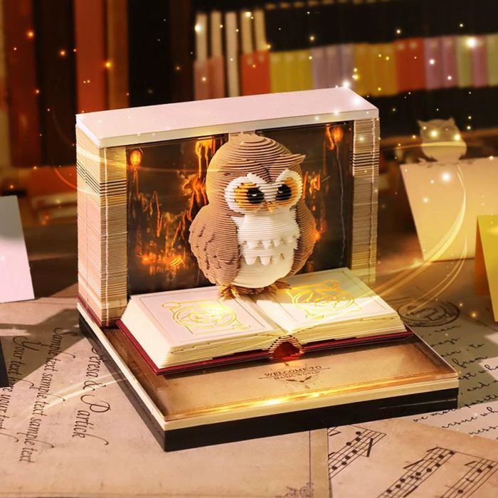 Calendar Interactiv 3D 2026, Flippy, Calendar de Sculptura cu Luminite LED, Bufnita Magic World, pentru Copii, Calendar de Birou Ornamentat, 9 x 9 x 6.8 cm, Maro [3]