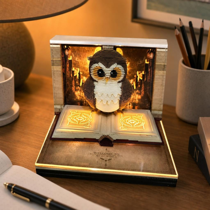 Calendar Interactiv 3D 2026, Flippy, Calendar de Sculptura cu Luminite LED, Bufnita Magic World, pentru Copii, Calendar de Birou Ornamentat, 9 x 9 x 6.8 cm, Maro [10]