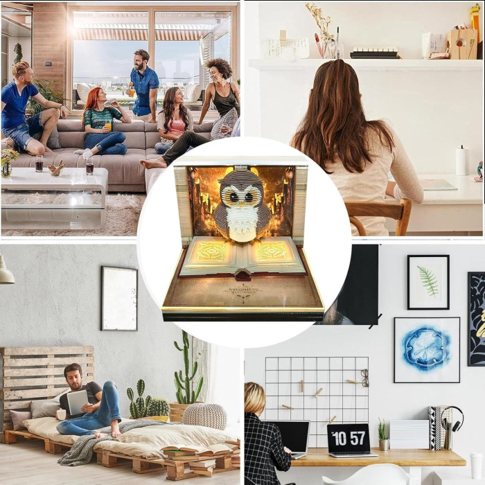 Calendar Interactiv 3D 2026, Flippy, Calendar de Sculptura cu Luminite LED, Bufnita Magic World, pentru Copii, Calendar de Birou Ornamentat, 9 x 9 x 6.8 cm, Maro [5]