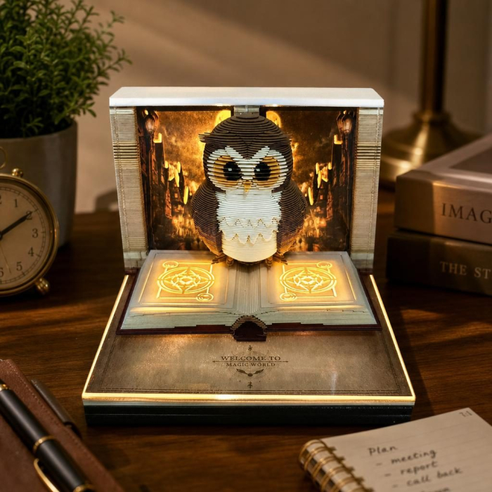 Calendar Interactiv 3D 2026, Flippy, Calendar de Sculptura cu Luminite LED, Bufnita Magic World, pentru Copii, Calendar de Birou Ornamentat, 9 x 9 x 6.8 cm, Maro [8]