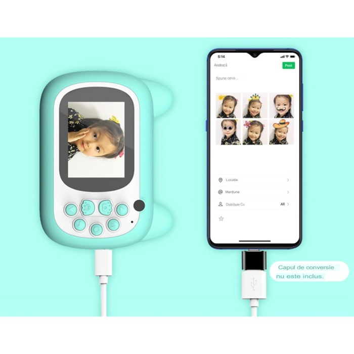 Camera Instantanee pentru Copii, Flippy, Camera Frontala + Selfie, cu Functie de Printare, Cablu USB-C, Bluetooth, Compatibil iOS/Android, Imprimare APP, Model Pisica Smiley Face, Verde [3]