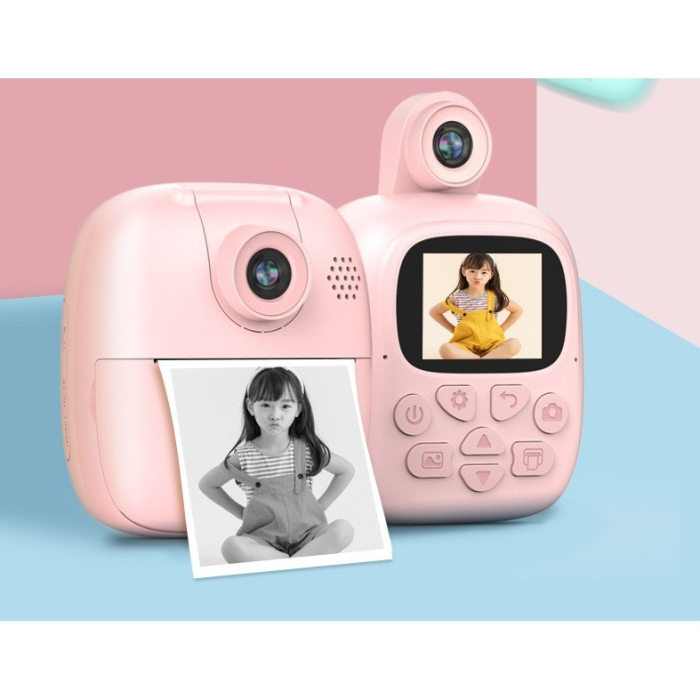 Camera Instantanee pentru Copii, Flippy, Camera Frontala + Selfie, cu Functie de Printare, Cablu USB-C, Bluetooth, Compatibil iOS/Android, Imprimare APP, Model Bunny, Roz [9]