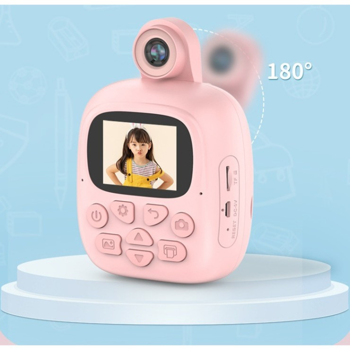 Camera Instantanee pentru Copii, Flippy, Camera Frontala + Selfie, cu Functie de Printare, Cablu USB-C, Bluetooth, Compatibil iOS/Android, Imprimare APP, Model Bunny, Roz [8]