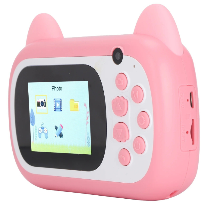 Camera Instantanee pentru Copii, Flippy, Camera Frontala + Selfie, cu Functie de Printare, Cablu USB-C, Bluetooth, Compatibil iOS/Android, Imprimare APP, Model Pisica Smiley Face, Roz [3]
