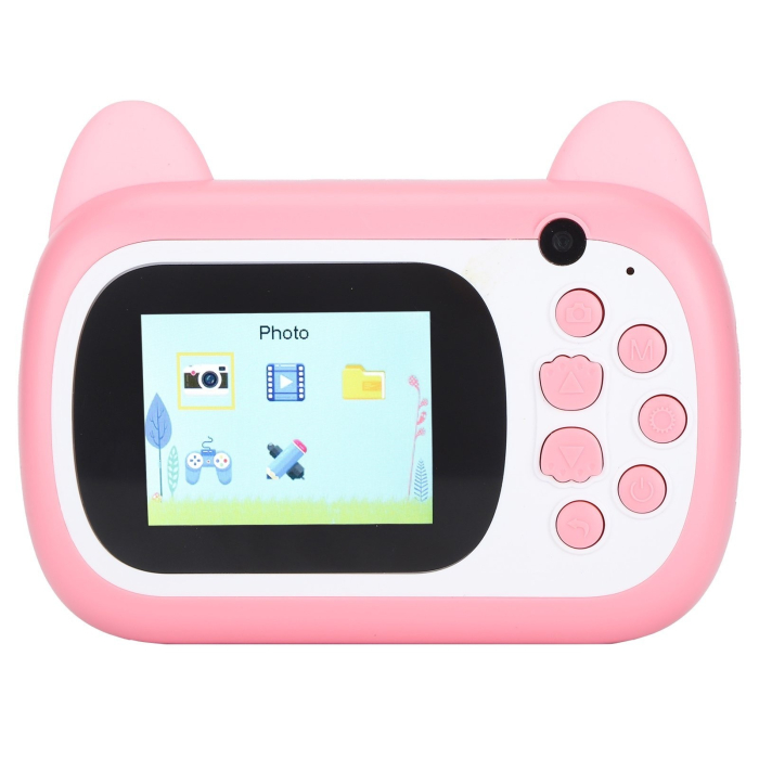 Camera Instantanee pentru Copii, Flippy, Camera Frontala + Selfie, cu Functie de Printare, Cablu USB-C, Bluetooth, Compatibil iOS/Android, Imprimare APP, Model Pisica Smiley Face, Roz [2]