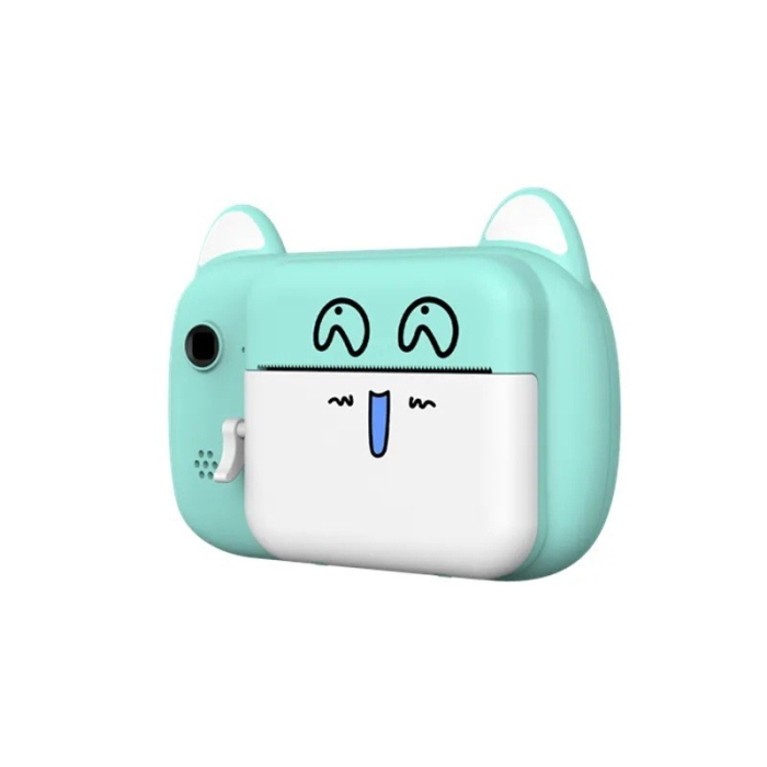Camera Instantanee pentru Copii, Flippy, Camera Frontala + Selfie, cu Functie de Printare, Cablu USB-C, Bluetooth, Compatibil iOS/Android, Imprimare APP, Model Pisica Smiley Face, Verde [2]