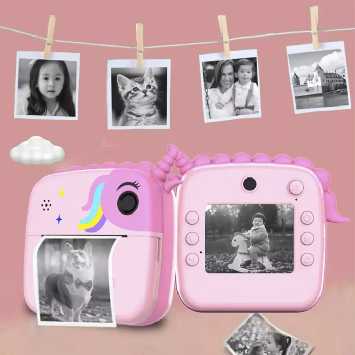 Camera Instantanee pentru Copii, Flippy, Camera Frontala + Selfie, cu Functie de Printare, Cablu USB-C, Bluetooth, Compatibil iOS/Android, Model Unicorn, Snur Inclus, Roz [4]
