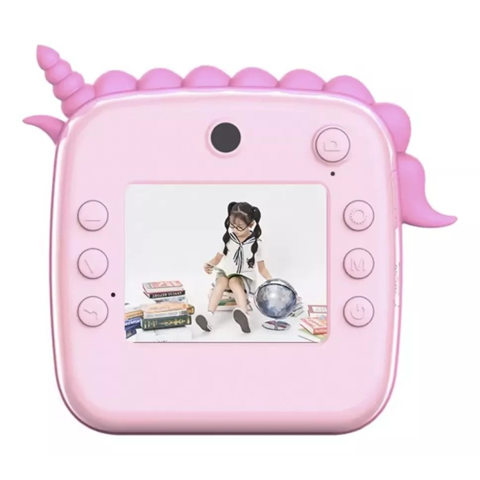 Camera Instantanee pentru Copii, Flippy, Camera Frontala + Selfie, cu Functie de Printare, Cablu USB-C, Bluetooth, Compatibil iOS/Android, Model Unicorn, Snur Inclus, Roz [2]