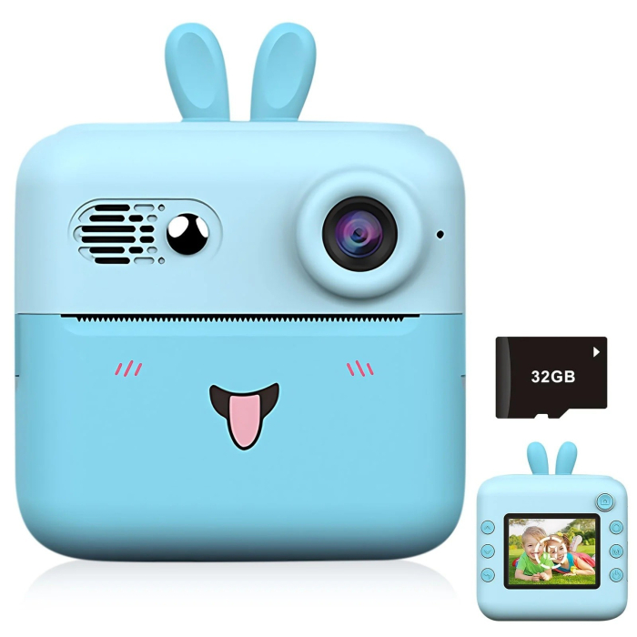 Camera Instantanee pentru Copii, Flippy, cu Functie de Printare, Cablu USB-C, Bluetooth, Compatibil iOS/Android, Imprimare APP, Model Iepure, Snur de Agatat Inclus, Albastru [2]